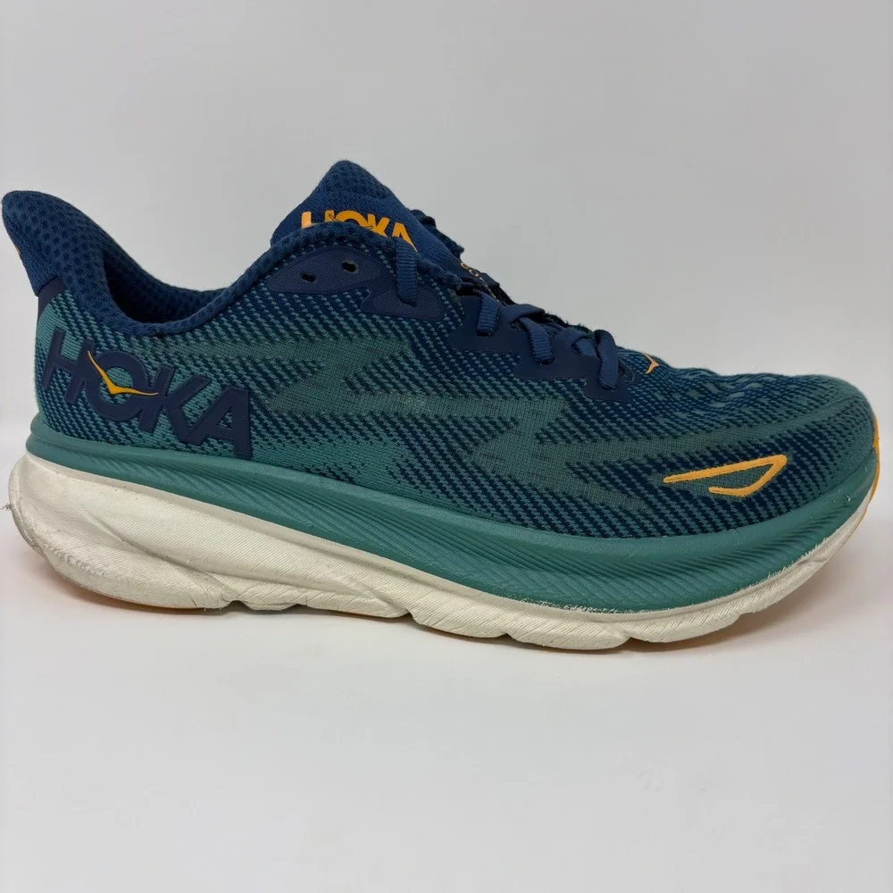 Hoka Clifton 9 Mens Size 10 Blue Green White Athletic Running Shoes Sneakers